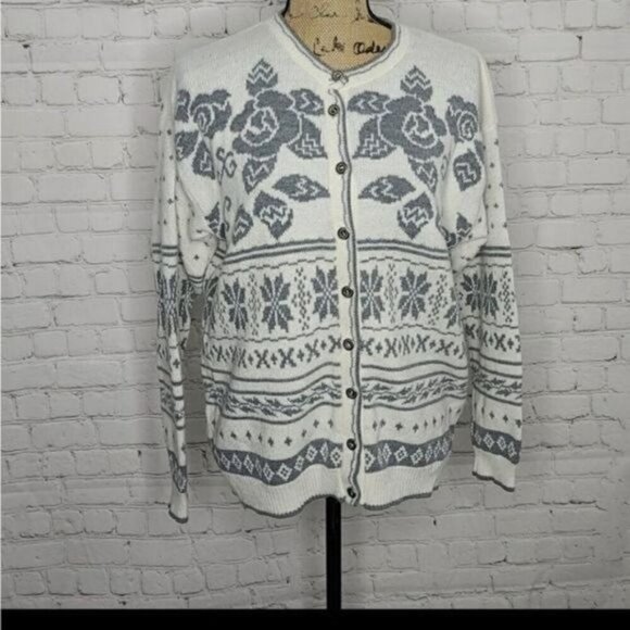 Vintage 70s Fair Isle White Nordic Knit Cardigan Sweater Rose Snowflake - Picture 4 of 15